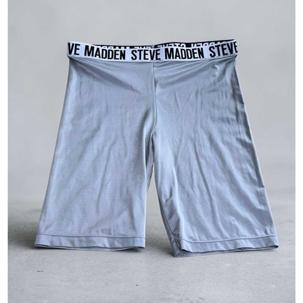 Steve Madden Silver Biker Shorts Sz Large Logo Waistband Stretch 7.5" Inseam
